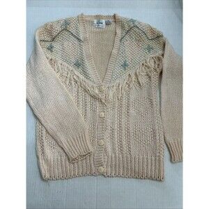 Vintage Fringe Mister Noah Knitted By Hand Cardigan Sweater Womens M Color Peach